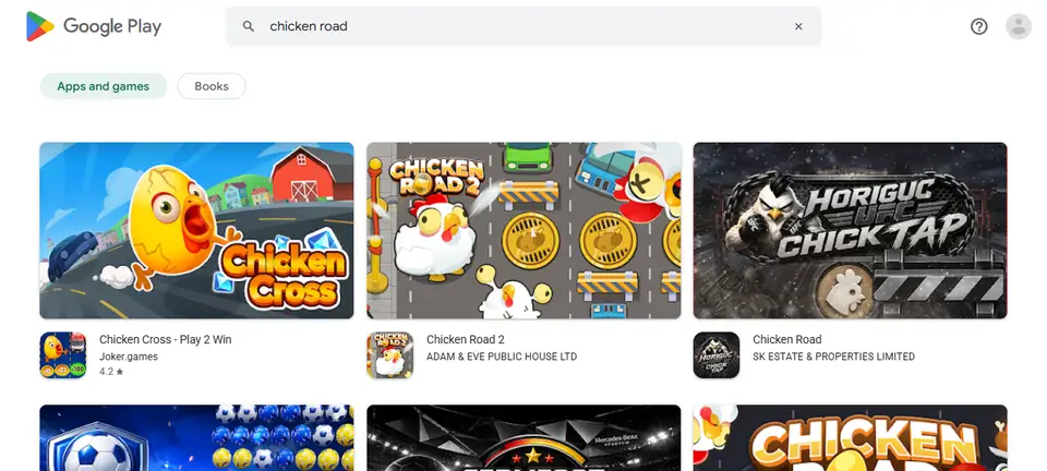 Google Play search results for chicken road with the store set to Australia, showing several apps titled Chicken Road and Chicken Road 2 from different publishers